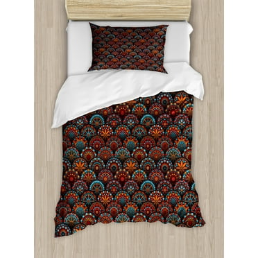 Moroccan Duvet Cover Set Twin Size, Circles Pattern Mandala Inspired Floral Arrangements Geometric Rectangles, Decorative 2 Piece Bedding Set with 1 Pillow Sham, Aqua Orange Ruby, by Ambesonne