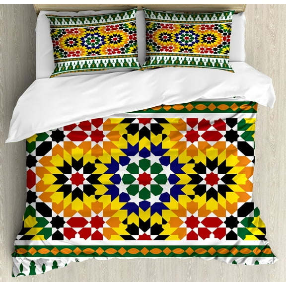 Moroccan Duvet Cover Set, Vibrant Old Fashion Indie Pattern with Eastern Influences Print, Decorative 3 Piece Bedding Set with 2 Pillow Shams, Queen Size, Green Yellow, by Ambesonne