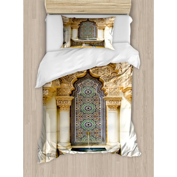 Moroccan Duvet Cover Set, Vintage Building Design Art Historic Exterior Facade with Mosaic Print, Decorative 2 Piece Bedding Set with 1 Pillow Shams, Twin Size, Ivory Pale Brown Blue, by Ambesonne