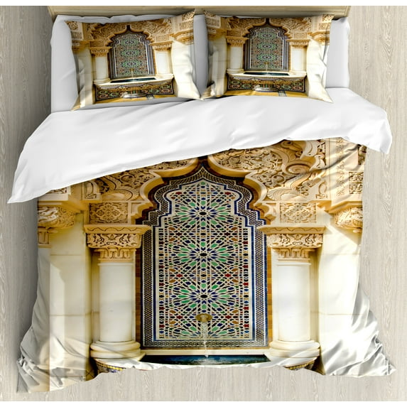 Moroccan Duvet Cover Set, Vintage Building Design Art Historic Exterior Facade with Mosaic Print, Decorative 3 Piece Bedding Set with 2 Pillow Shams, Queen Size, Ivory Pale Brown Blue, by Ambesonne