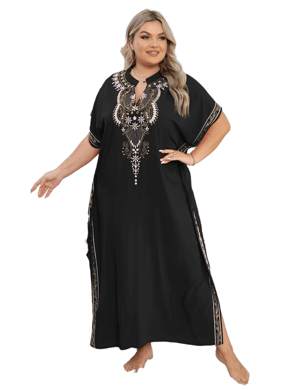Moroccan Embroidered Kaftan Abaya Dresses for Women Batwing Sleeve Caftan Loungewear Maxi Beach Tunic Plus Size Africa Robe Casual Summer Outfis