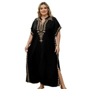Moroccan Embroidered Kaftan Abaya Dresses for Women Batwing Sleeve Caftan Loungewear Maxi Beach Tunic Plus Size Africa Robe Casual Summer Outfis