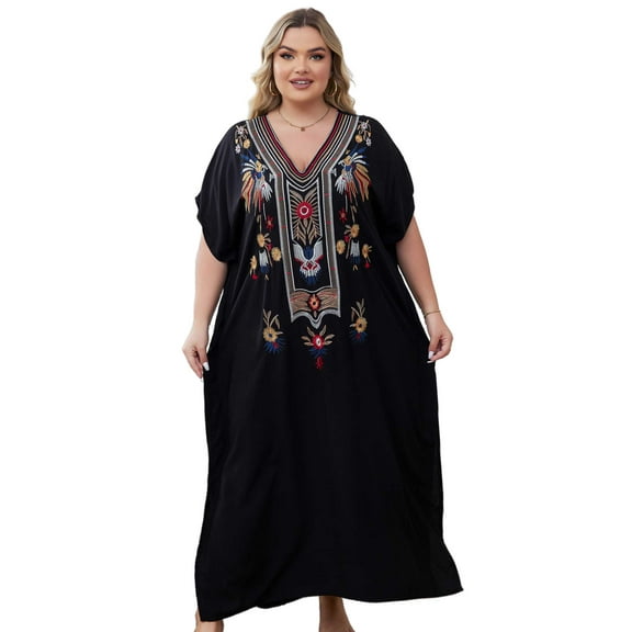 Moroccan Embroidered Kaftan Abaya Dresses for Women Batwing Sleeve Caftan Loungewear Maxi Beach Tunic Plus Size Africa Robe Casual Summer Outfis