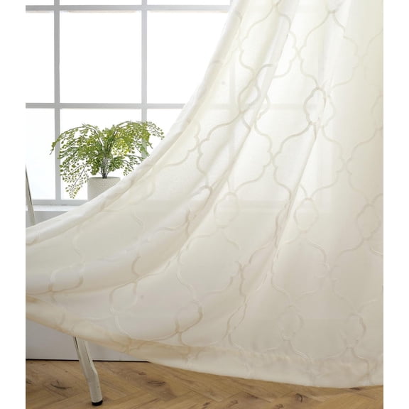 Moroccan Embroidered Semi Sheer Faux Linen Grommet Curtains, Off White, Set of 2