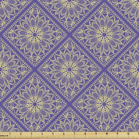 Moroccan Fabric by the Yard, Floral Oriental Mandala Motif Vibrant Tones Illustration, Decorative Upholstery Fabric for Sofas and Home Accents, Blue Violet Pale Camel by Ambesonne