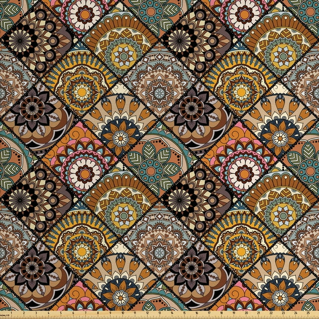 Moroccan Fabric by the Yard, Mexican Ornaments with Abstract Old Fashioned Mandala Checkered, Decorative Upholstery Fabric for Sofas and Home Accents, Multicolor by Ambesonne