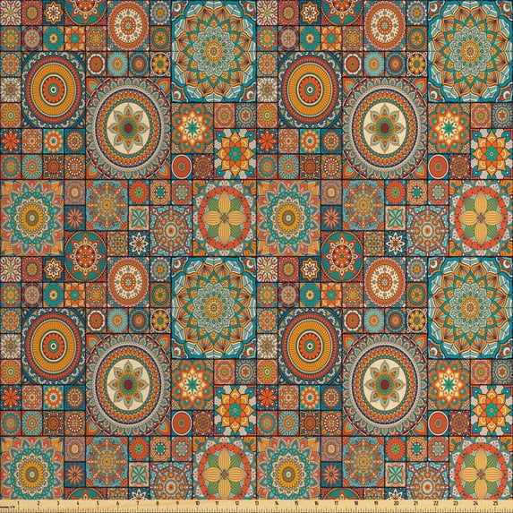 Ambesonne Moroccan Fabric by the Yard Upholstery, Eastern Old Folkloric, 2 Yards, Turquoise Orange