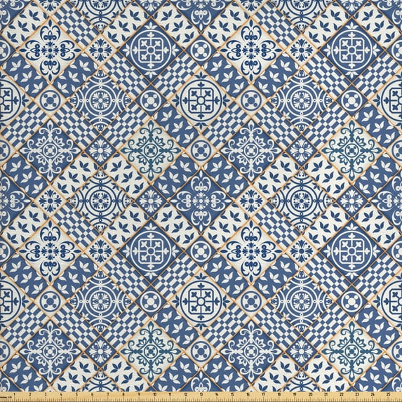 Ambesonne Moroccan Fabric by the Yard Upholstery, Oriental Rectangles, 10 Yards, Blue Orange White