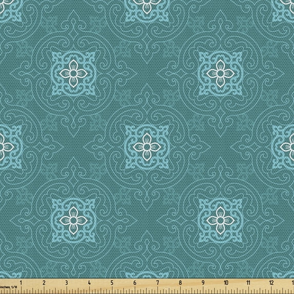 Ambesonne Moroccan Fabric by the Yard Upholstery, Timeless Orient Motifs, 10 Yards, Teal Pale Blue White