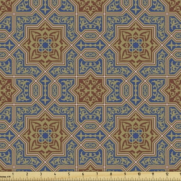 Ambesonne Moroccan Fabric by the Yard Upholstery, Traditional, 10 Yards, Blue Sepia Redwood