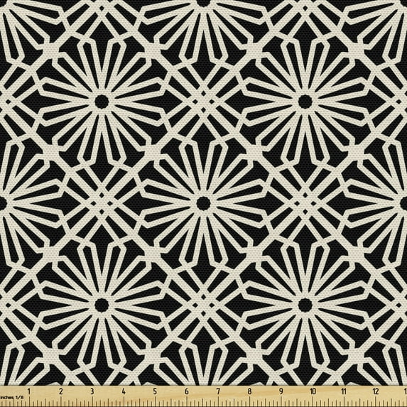 Moroccan Fabric by the Yard Upholstery, Classic Continuous Floral Autumnal Floral Geometric Motifs Pattern, Decorative Fabric for DIY and Home Accents, Eggshell Charcoal Grey by Ambesonne