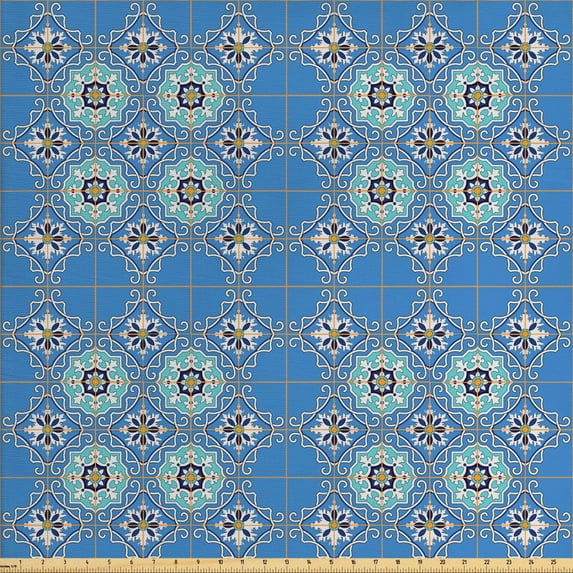 Ambesonne Moroccan Fabric by the Yard Upholstery, Patchwork Style Blue, 2 Yards, Blue Aqua Orange