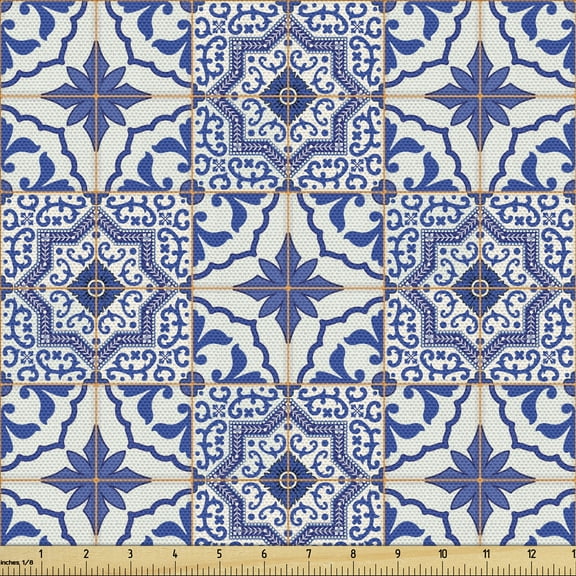 Ambesonne Moroccan Fabric by the Yard Upholstery, Checkered Grid Desgin, 1 Yard, Violet Blue Orange White