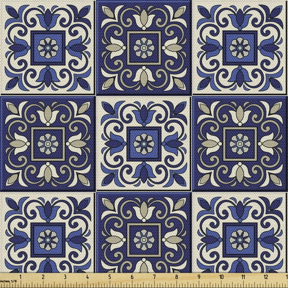 Ambesonne Moroccan Fabric by the Yard Upholstery, Squares Azulejo Tiles, 10 Yards, Navy Blue Beige