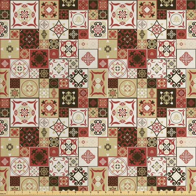Ambesonne Moroccan Fabric by the Yard Upholstery, Vintage Square Pattern, 3 Yards, Cream Dark Coral Brown