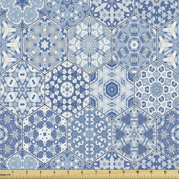 Moroccan Fabric by the Yard, Violet Toned Hexagons Oriental Ethnic Floral Geometric Mosaic Shapes, Decorative Upholstery Fabric for Chairs & Home Accents, Ceil Blue and White by Ambesonne