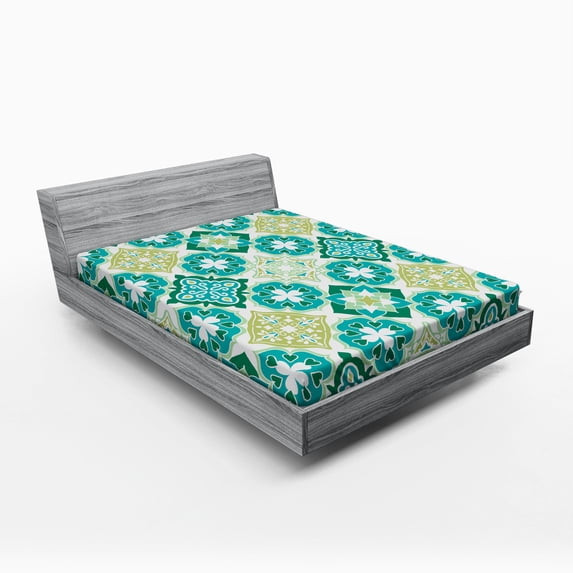 Moroccan Fitted Sheet, Colored Tiled Pattern Geometrical Diagonal and Triangle Forms Oldest Craft, Soft Decorative Fabric Bedding, Full Size, Green Teal White, by Ambesonne