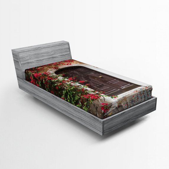 Ambesonne Moroccan Fitted Sheet, Old Door with Flowers, Twin Size, Multicolor