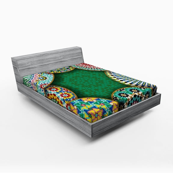 Moroccan Fitted Sheet, Oriental Motif with Mix of Hippie Retro Circle Morocco Mosaic Lines Design, Soft Decorative Fabric Bedding, Full Size, Multicolor, by Ambesonne