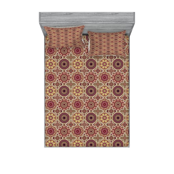 Moroccan Fitted Sheet & Pillow Sham Set, Patchwork Style Pattern with Old Fashioned Flowers Bohemian Illustration, Decorative Printed 6 Piece Bedding Decor Set, Calking, Multicolor, by Ambesonne