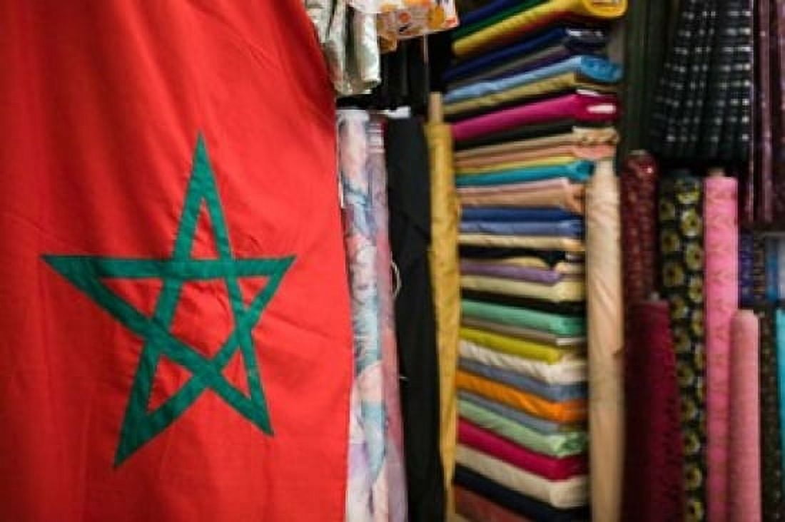 Moroccan Flag The Souqs of Marrakech Marrakech Morocco Canvas Art - Walter Bibikow DanitaDelimont (34 x 23)