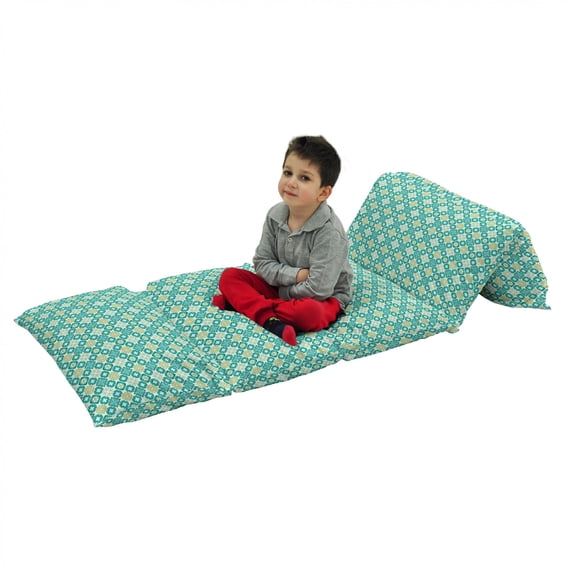 Moroccan Floor Pillow Lounger Cover, Colored Tiled Pattern Geometrical Diagonal and Triangle Forms Oldest Craft, Nap Mat Printed Fabric Case for 5 Pillows, 88" x 27", Green Teal White, by Ambesonne
