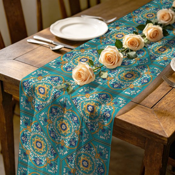 Moroccan Floral Pattern 10 ft Cheesecloth Table Runner for Wedding 27"x120", Turquoise Yellow Flower Bohemian Country Kitchen Dinner Sheer Tulle Chiffon Dresser Scarf, Holiday Party Decorations