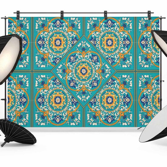 Moroccan Floral Pattern Backdrop for Photography, Turquoise Yellow Flower Bohemian Country Photo Backdrop Portrait Background Party Banner Photo Backgrounds for Studio Booth Props, 12x8ft