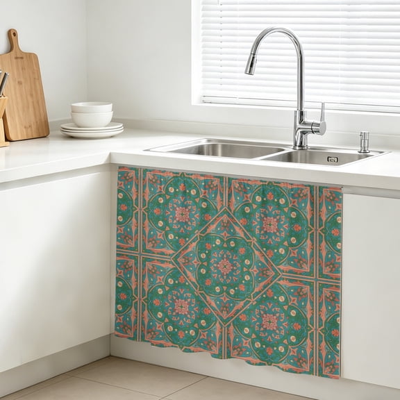 Moroccan Floral Pattern Cabinet Curtains for Kitchen 28"W x 35"L, Retro Green Pink Flower Bohemian Country Farmhouse Sink Skirt Magic Tape Short Curtain Decorative Privacy Panel for Bathroom Laundry
