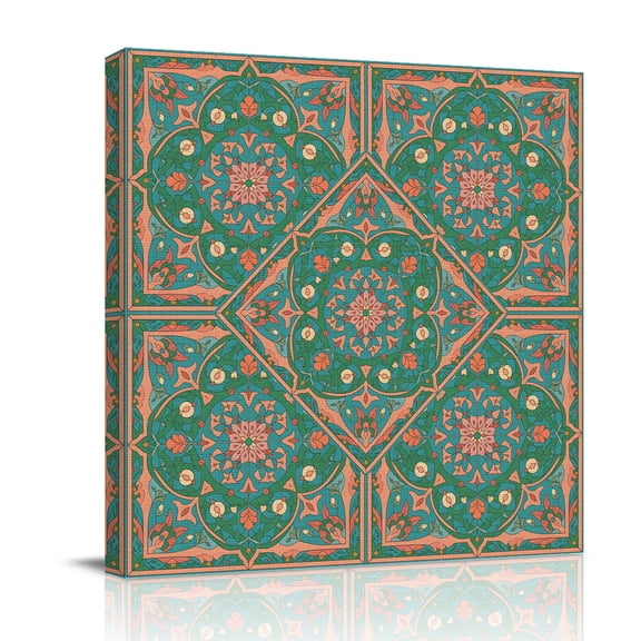 Moroccan Floral Pattern Canvas Wall Art for Living Room, Retro Green Pink Flower Bohemian Country Poster Print Painting for Bedroom Office Home Decoration Wall Pictures Prepare To Hang 16"x16"