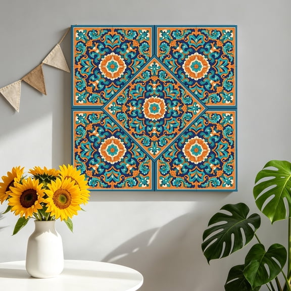 Moroccan Floral Pattern Canvas Wall Art for Living Room, Turquoise Orange Flower Bohemian Country Wall Decor Framed Artwork Pictures Ready to Hang for Bedroom Office Home Decor 8x8 Inch