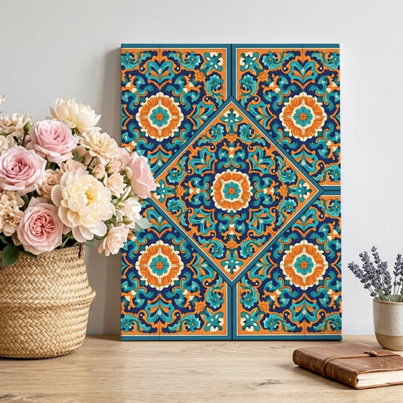 Moroccan Floral Pattern Canvas Wall Art for Living Room, Turquoise Orange Flower Bohemian Country Wall Decor Framed Artwork Pictures Ready to Hang for Bedroom Office Home Decor 16x20 Inch