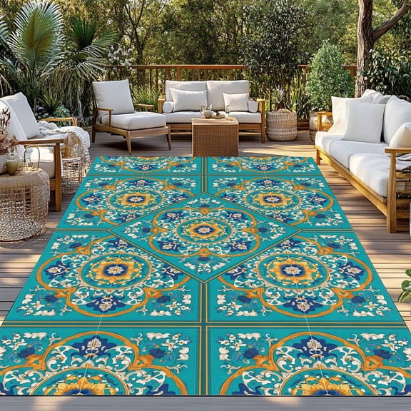 Moroccan Floral Pattern Indoor Outdoor Rugs 4x6 Ft, Turquoise Yellow Flower Bohemian Country Outdoor Patio Rugs Mat Washable Outside Area Rugs Carpet for Porch Deck RV Camping Pool Balcony Backyard