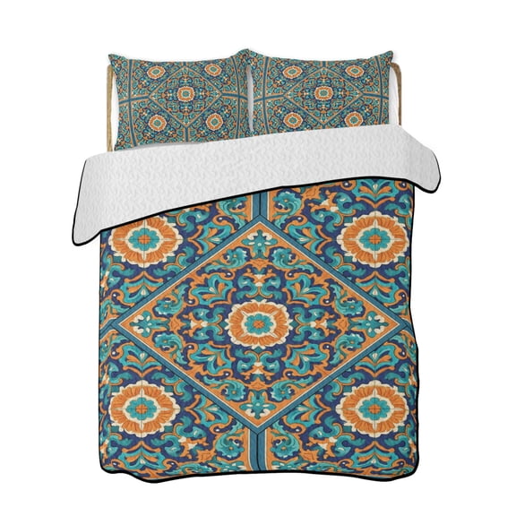 Moroccan Floral Pattern Quilts Bedding Set Queen Size Turquoise Orange Flower Bohemian Country Lightweight Quilted Bedspread 3 Piece Bed Quilt with 2 Pillow Shams All Season for Bedroom 78" x 90"
