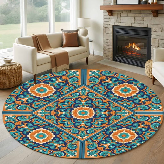 Moroccan Floral Pattern Round Rugs for Living Room 5ft Turquoise Orange Flower Bohemian Country Non Slip Circle Rug Washable Low-Profile Indoor Carpet for Bedroom, Dining Room, Bathroom