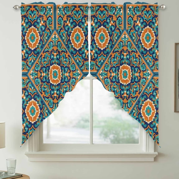 Moroccan Floral Pattern Swag Kitchen Curtain Valances, Turquoise Orange Flower Bohemian Country Rod Pocket Curtains Window Treatment Decor Valances for Bedroom Bathroom, 2 Panels 36 x 36 Inch