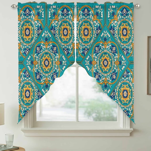 Moroccan Floral Pattern Swag Kitchen Curtain Valances, Turquoise Yellow Flower Bohemian Country Rod Pocket Curtains Window Treatment Decor Valances for Bedroom Bathroom, 2 Panels 36 x 36 Inch