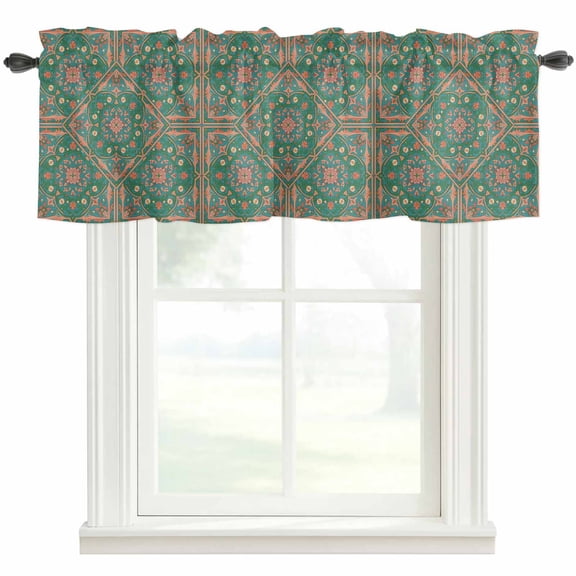 Moroccan Floral Pattern Valances for Windows Retro Green Pink Flower Bohemian Country Rod Pocket Curtain Valance Window Treatment Short Curtains for Kitchen Living Room, 42"x12"