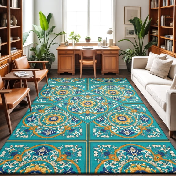 Moroccan Floral Pattern Washable Area Rug 5 x 7 ft Turquoise Yellow Flower Bohemian Country, Soft Non Slip Rugs Stain Repellent Indoor Felt Carpet for Living Dining Room Bedroom Home Office