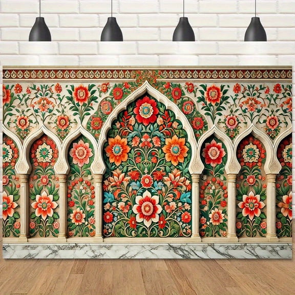 Moroccan Floral Wall Backdrop Ornate Red Floral Background Retro Middle Eastern Style Colorful Flower Birthday Party Decorations Banner Photo Booth Props