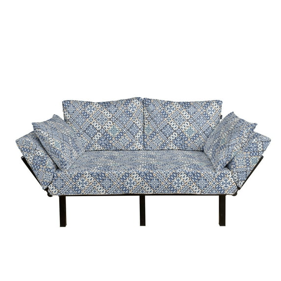 Moroccan Futon Couch, Squares and Rectangles Oriental Compositions Floral Arrangement Geometric, Daybed with Metal Frame Upholstered Sofa for Living Dorm, Loveseat, Blue Orange White, by Ambesonne