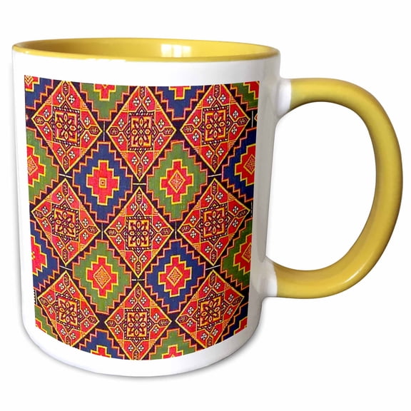 3drose, Moroccan Geometric Diamond Pattern Red Green Blue African Morocco Art, 11oz Two-tone Yellow Mug