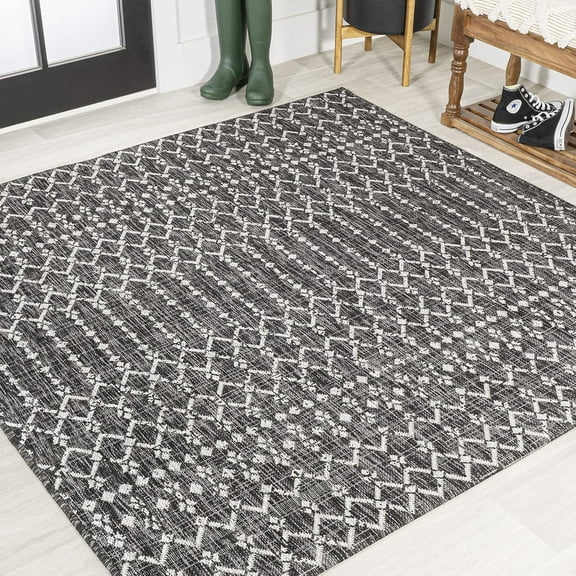 Moroccan Geometric Indoor Outdoor Square Area Rug 4X4 Black/Gray, Ourika Textured Weave for Backyard, Patio, Porch, Easy-Cleaning, High Traffic, Pet-Friendly, Non-Shedding