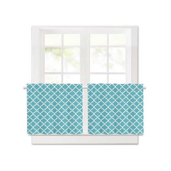 Moroccan Geometric Pattern Short Blackout Curtains 30 Inch Long,Abstract Turquoise Minimalist Art Rod Pocket Kitchen Curtains,2 Panels Thermal Insulated Room Darkening Drapes for Bedroom,30"W x 30"L