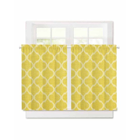 Moroccan Geometric Pattern Short Blackout Curtains 36 Inch Long,Yellow Linen Texture Rod Pocket Kitchen Curtains,2 Panels Thermal Insulated Room Darkening Drapes for Bedroom,30"W x 36"L