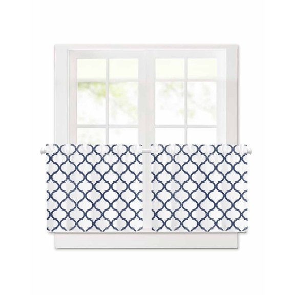 Moroccan Geometric Pattern Short Blackout Curtains,Minimalist Navy Blue Rod Pocket Kitchen Curtains,2 Panels Thermal Insulated Room Darkening Drapes for Bedroom,30"Wx30"L