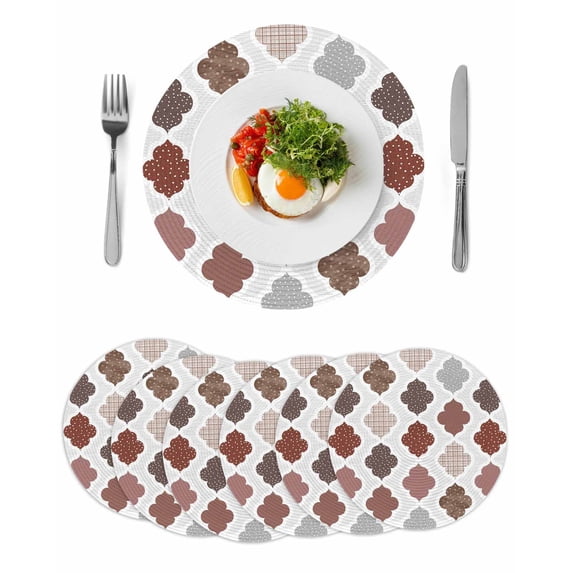 Moroccan Geometric Round 15 Inch Placemats Set of 6, Vintage Boho Rhombic Pattern Red Gray HeatResistant Non Slip Place Mats for Dining Table, Wipeable Braided Kitchen Table Mats for Housewarming