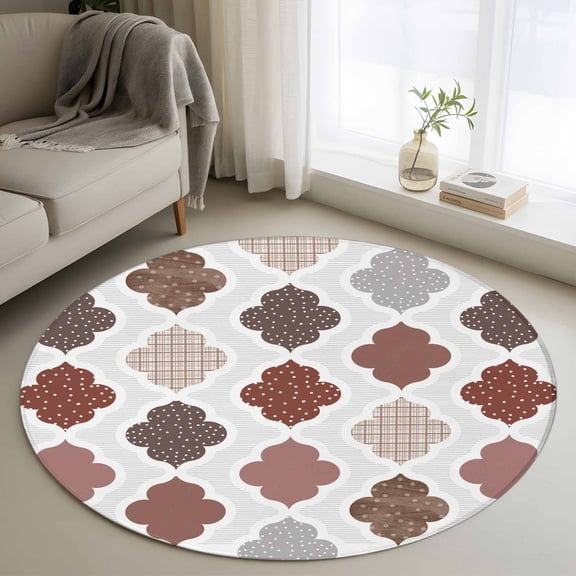 Moroccan Geometric Round Area Rug 3Ft Washable Small Circle Rugs for Kitchen Entryway, Vintage Boho Rhombic Pattern Red Gray Non-Slip Carpet Floor Mats Indoor Outdoor Carpet Runner Home Decor