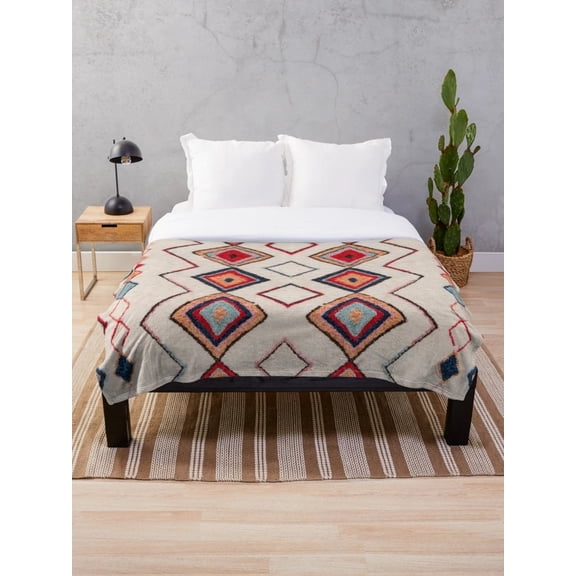 Moroccan Geometric Sherpa Throw Blanket, 2-Layer Polyester Fleece, Boho Berber Pattern, Machine Washable, Multiple Sizes