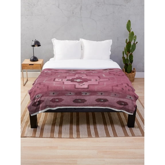 Moroccan Geometric Sherpa Throw Blanket, Pink Oriental Pattern Fleece Bed Blanket, 2-Layer Polyester Sherpa, Multiple Sizes